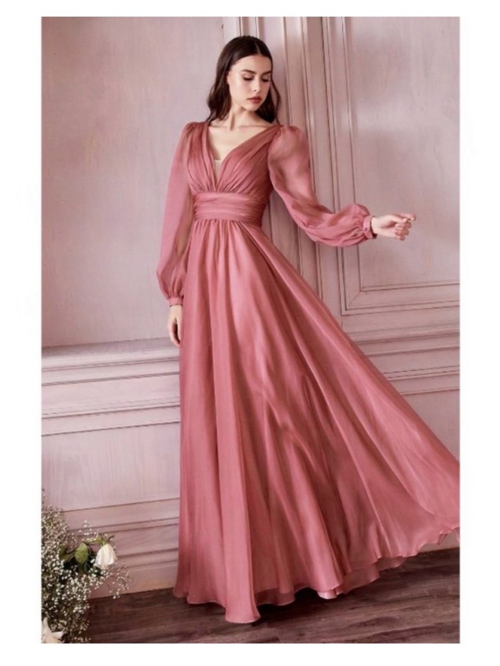 Long-Sleeve Maxi Dress in Dusty Rose — Elegant V-Neck Gown
